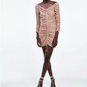 ZARA DRAPED RUCHED OFF-SHOULDER SEQUIN MINI DRESS